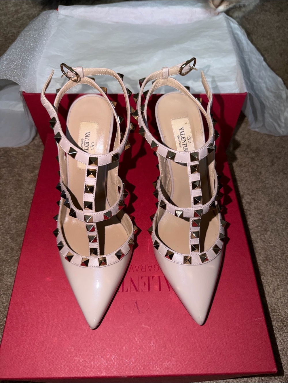 Valentino Beige Patent Rockstud Caged Pointed Pump